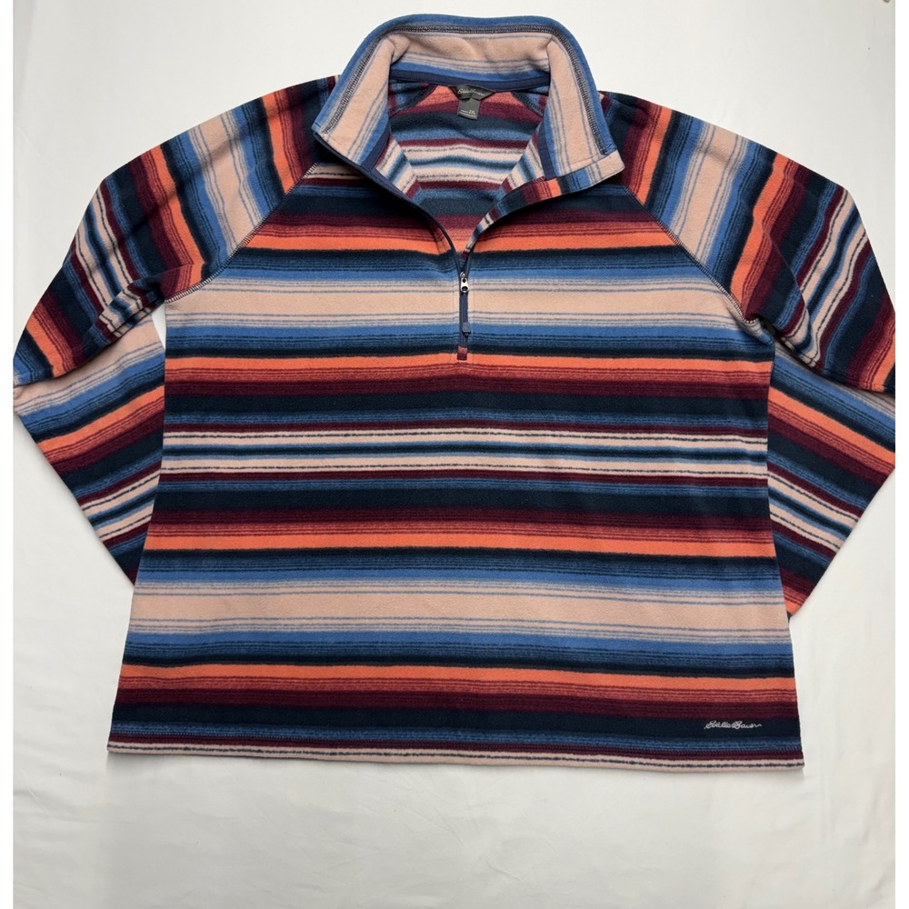 Eddie Bauer Womens 2XL Fleece Quarter Zip Pullover Striped Blue Orange Multi Top